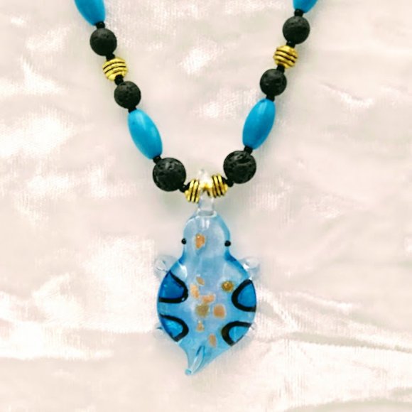 TURTLE*DICHROIC BLUE ART GLASS PENDANT*LAVA STONE*NECKLACE*TRENDY*HANDCRAFTED - Picture 1 of 7